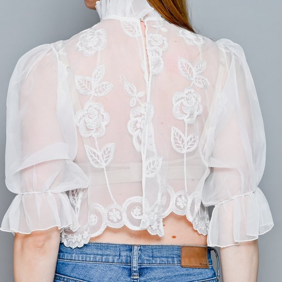 VINTAGE 70s White Organza Embroidered High-Neck Blouse XS - Picture 6 of 12